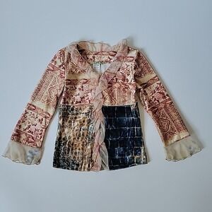 Little Mass Vintage Girls Medium Velour Top Mixed Block Print Ruffle Boho Hippie